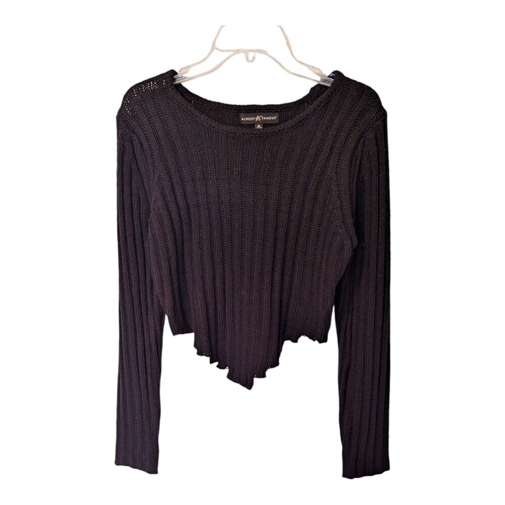 Almost Famous Top XL Crop Wide Ribbed Knit Black Long Sleeve Bibb Front Sweater